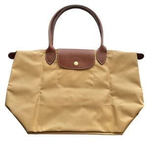 Longchamp Le Pliage Medium Nylon Shoulder Tote-Fawn with Brown Leather Handles